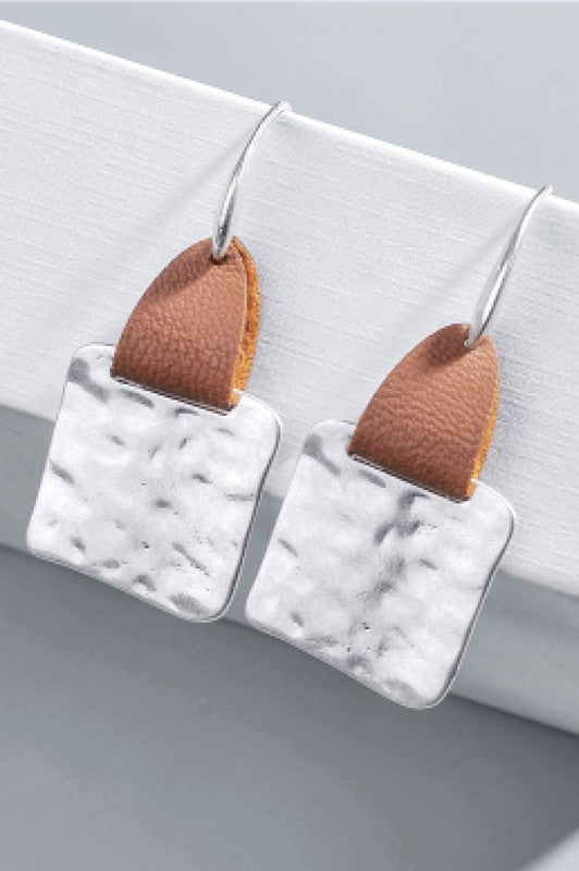 Hammered Square Metal and Leather Earrings