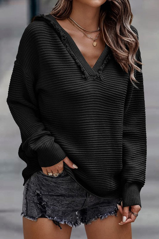 Ribbed Knit Sweater With Hood | 4 colors
