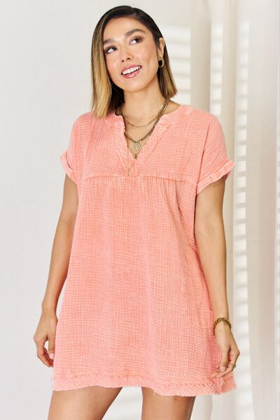 Washed Notched Rolled Short Sleeve Dress