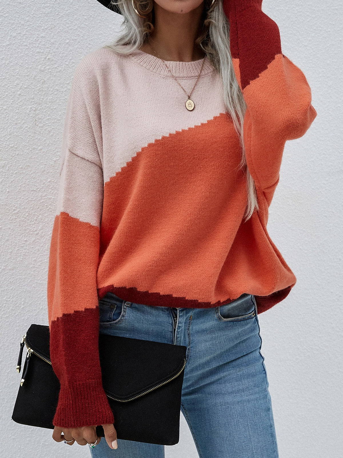 Brown Stripe Color Block Drop Shoulder Pullover Sweatshirt