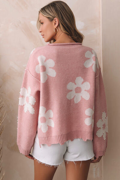 Flower Pattern Pearl Detail Rolled Slit Sweater - PRE-ORDER