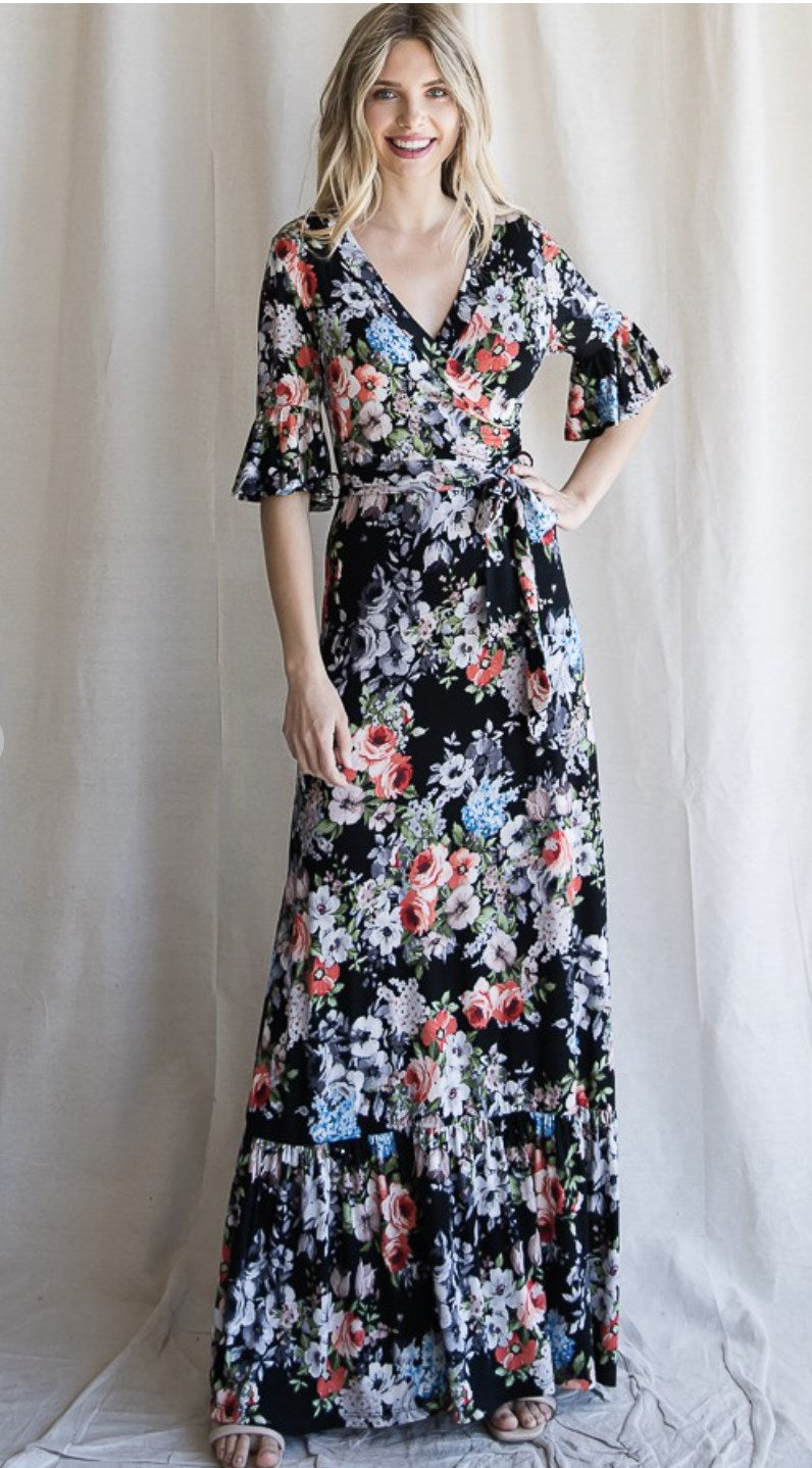 Floral Maxi Dress with Bell Sleeve - 2 Colors
